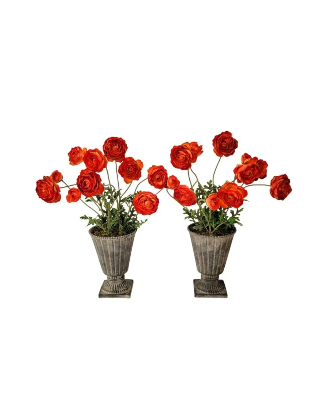 Pair Of Artificial Ranunculus Flowers In Aged Metal Look Ceramic Urn Planters Vi